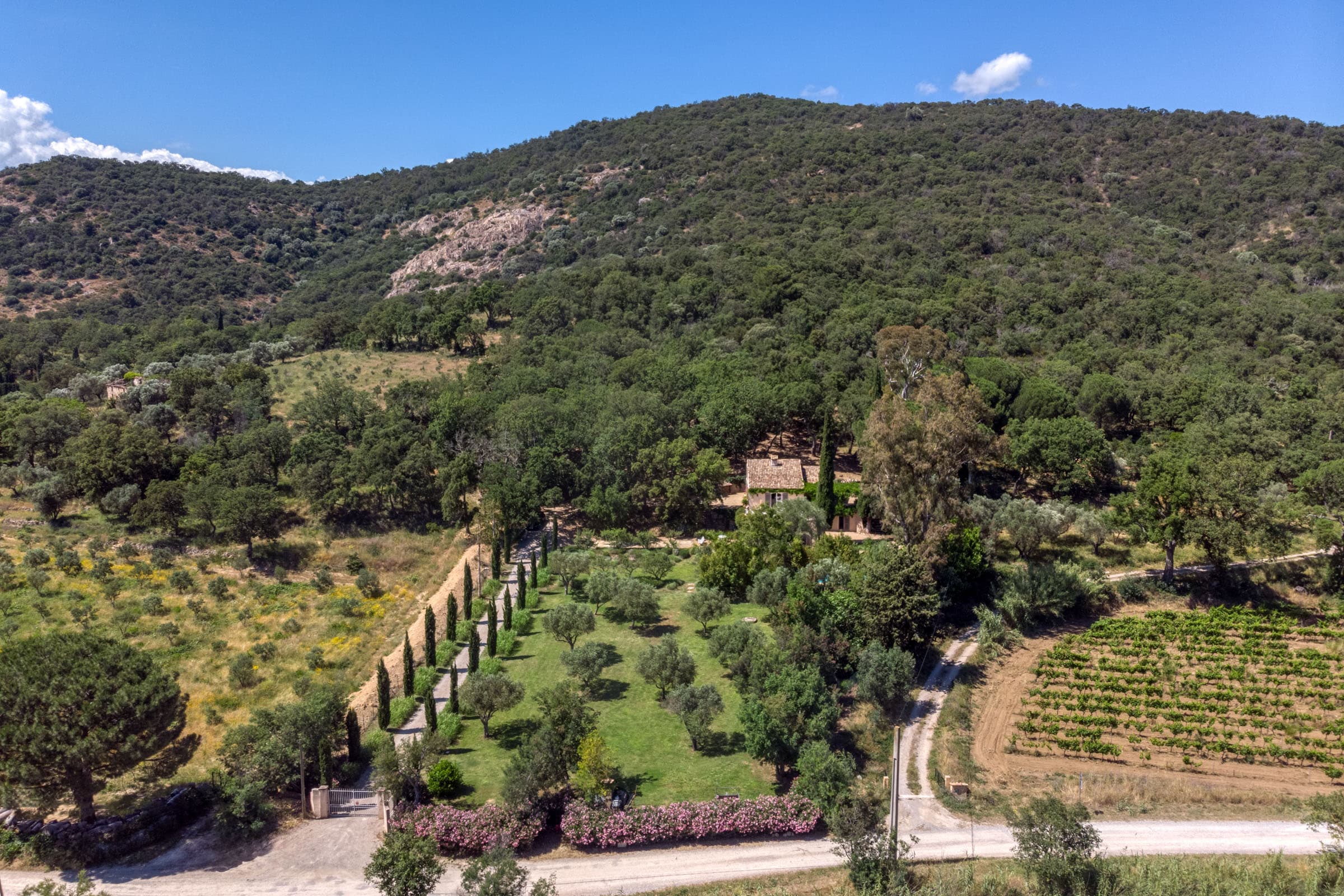Propriété de 1 hectare à vendre à Grimaud. Jardin verdoyant, calme absolu et vue sur le château, un havre de paix en Provence.