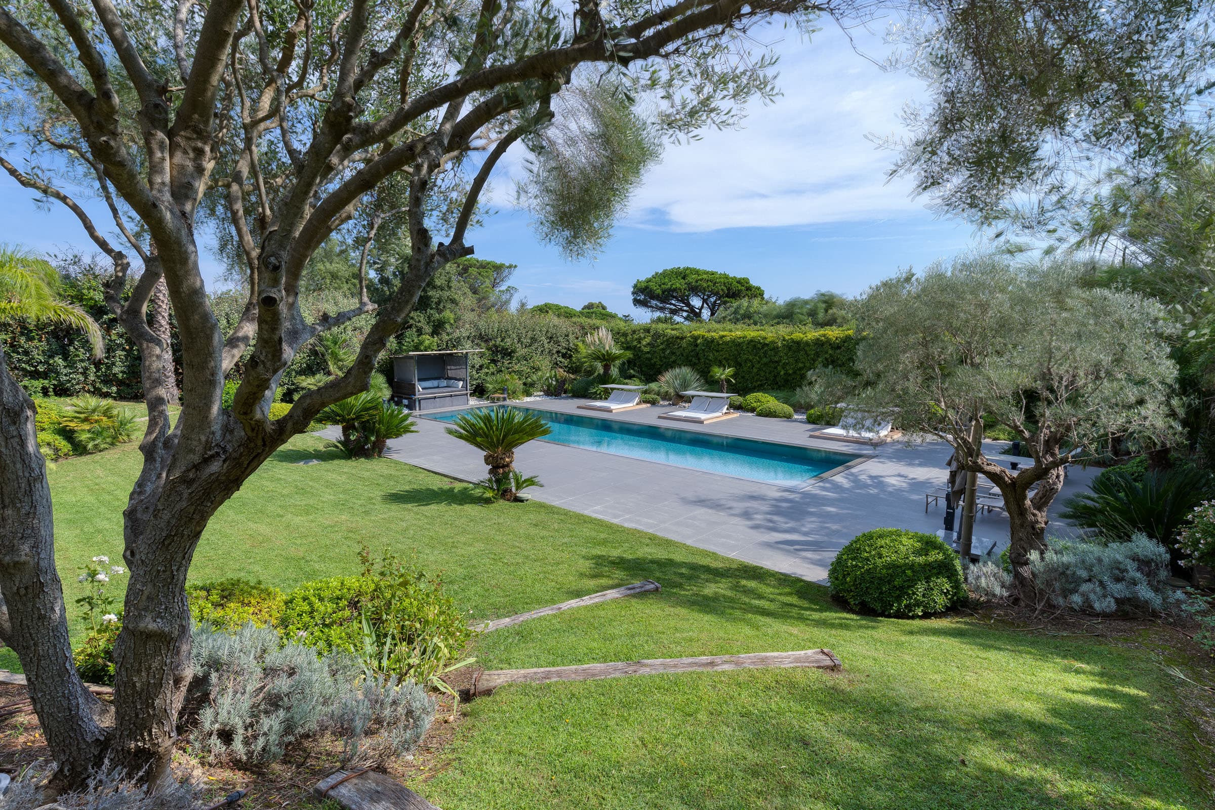 Piscine et jardin paysager d’une villa contemporaine à vendre à Ramatuelle, à quelques mètres des plages de Pampelonne.