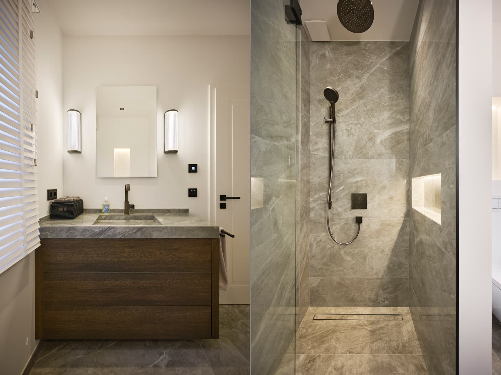 Salle d'eau contemporaine et luxueuse d’une villa rénovée à vendre à Saint-Tropez, avec matériaux nobles et finitions haut de gamme.