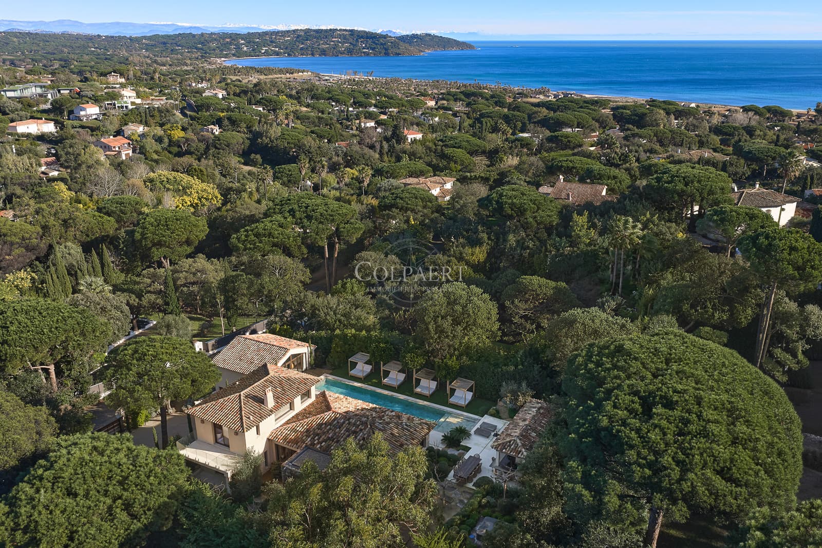 Vue dégagée sur la pinède avec aperçu mer depuis cette villa de luxe à vendre à Ramatuelle, idéalement située près des plages de Pampelonne.