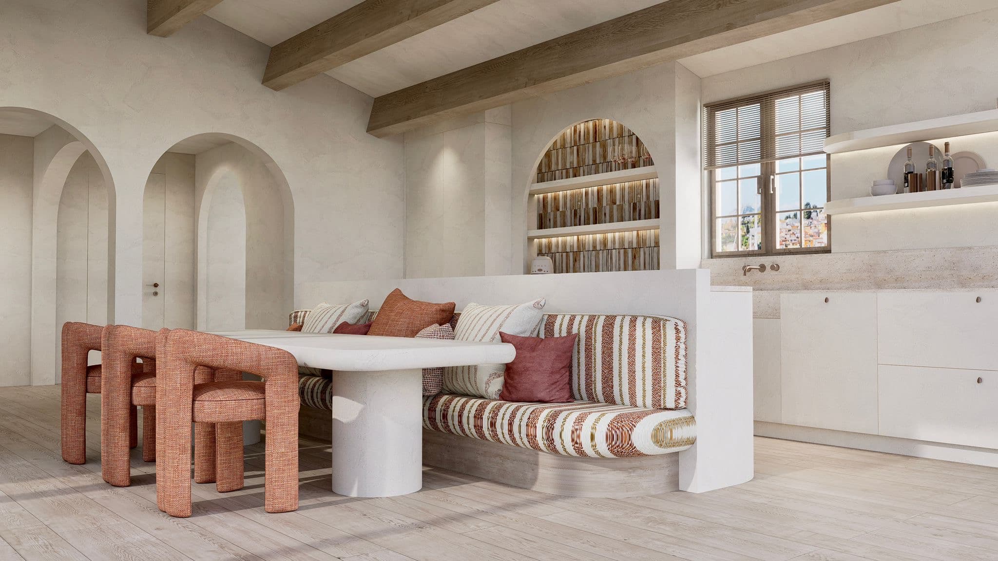 Salle à manger et cuisine dans maison à vendre Port-Grimaud avec grands amarrages | Image 3D par Siento Interior
