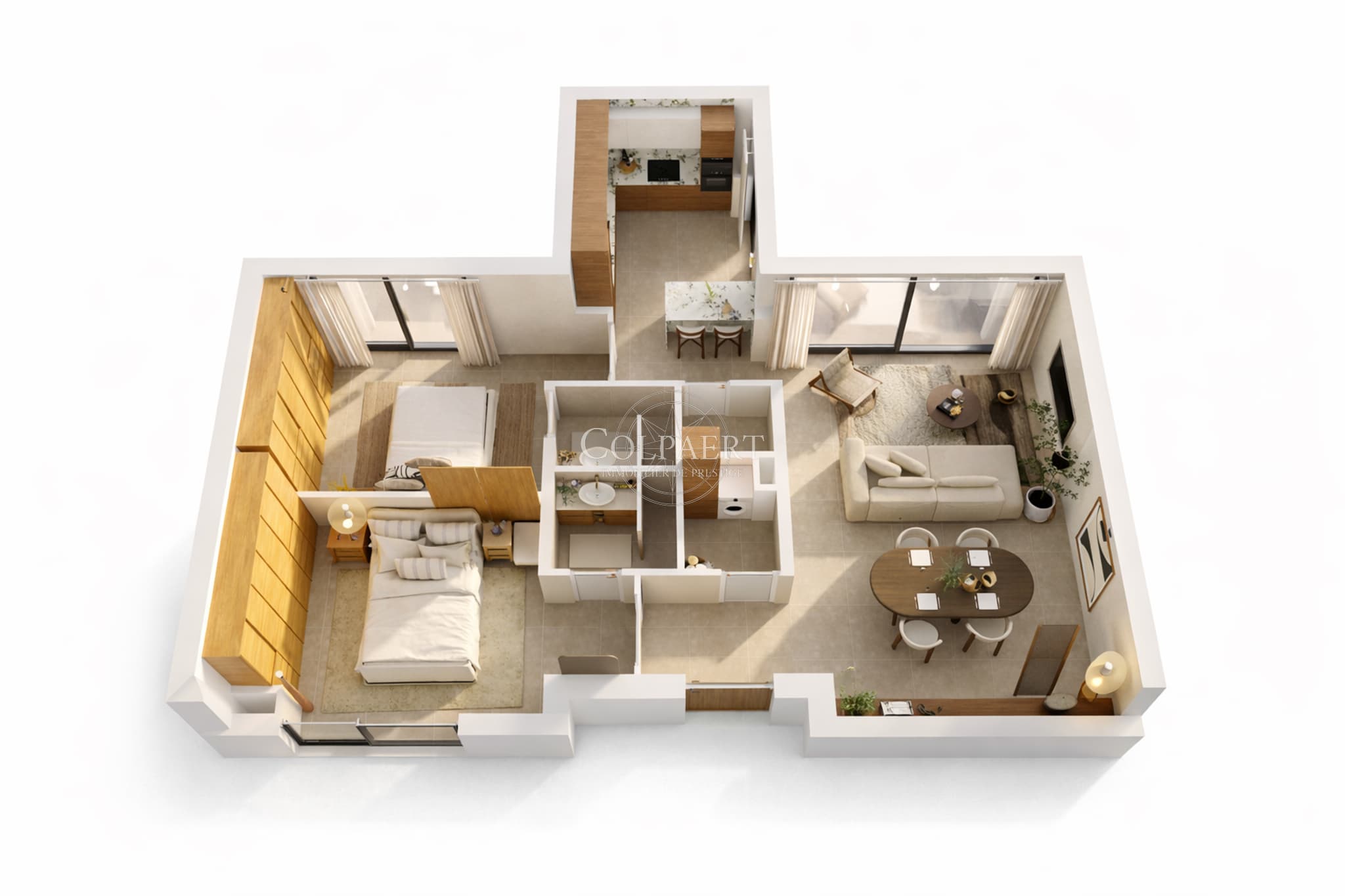 Découvrez le plan 3D d’un appartement de luxe à Saint-Tropez au sein du projet Patio Ruben, résidence exclusive alliant espace, confort et élégance.