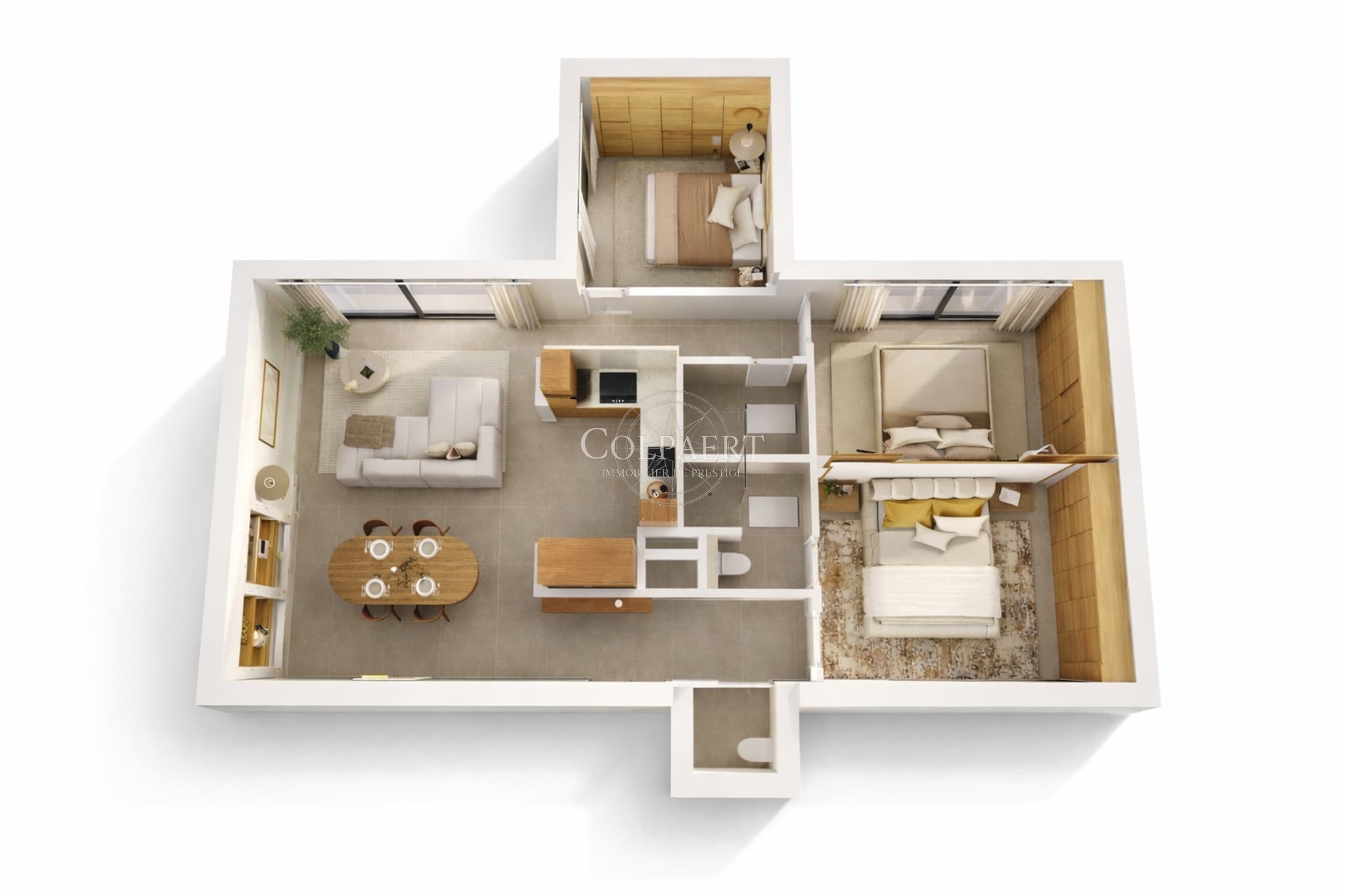 Découvrez le plan 3D d’un appartement de luxe à Saint-Tropez au sein du projet Patio Ruben, résidence exclusive alliant espace, confort et élégance.