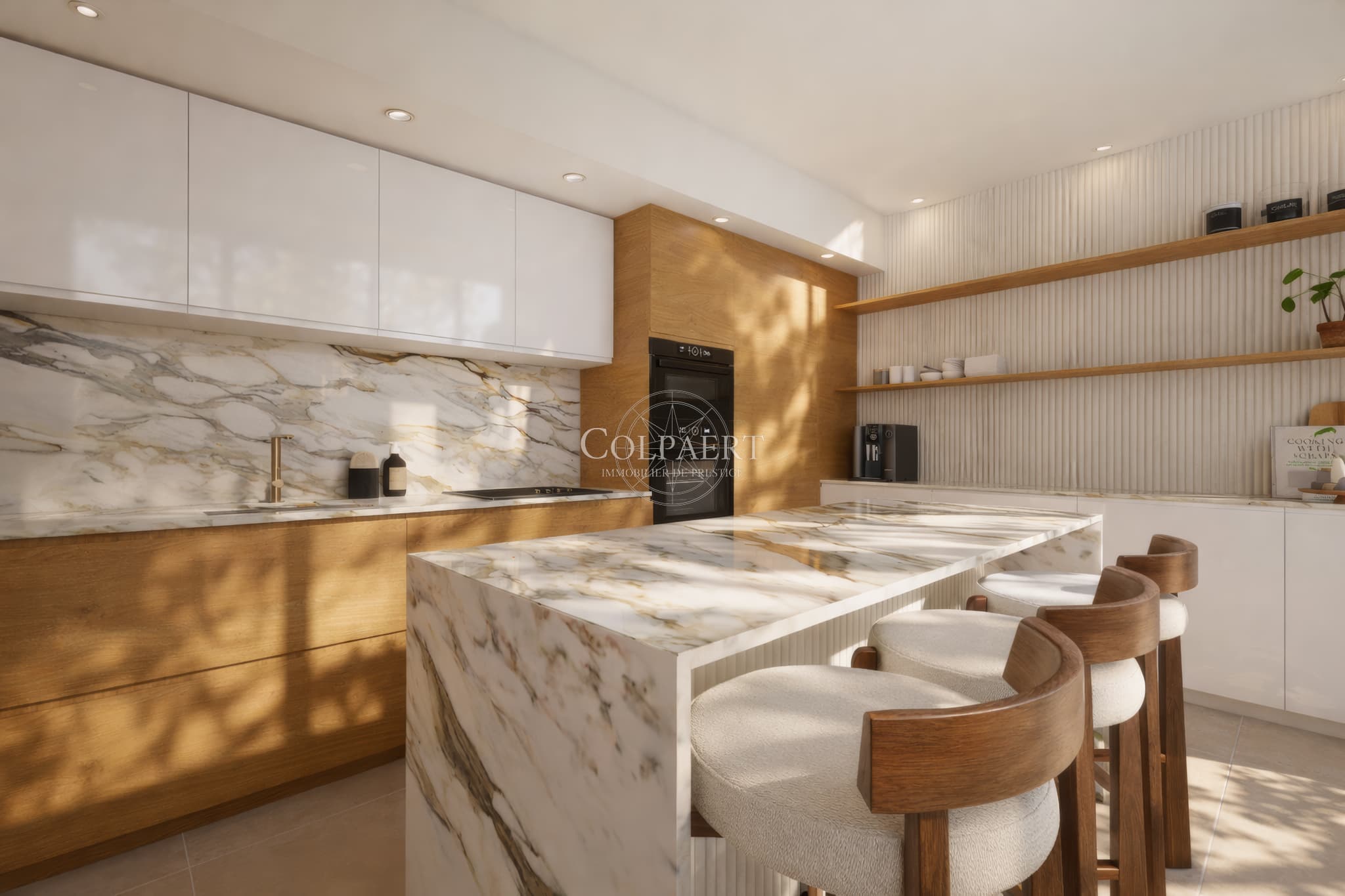 Cuisine haut de gamme avec finitions raffinées dans un appartement de luxe à Saint-Tropez, offrant design moderne et fonctionnalité au cœur de Patio Ruben.