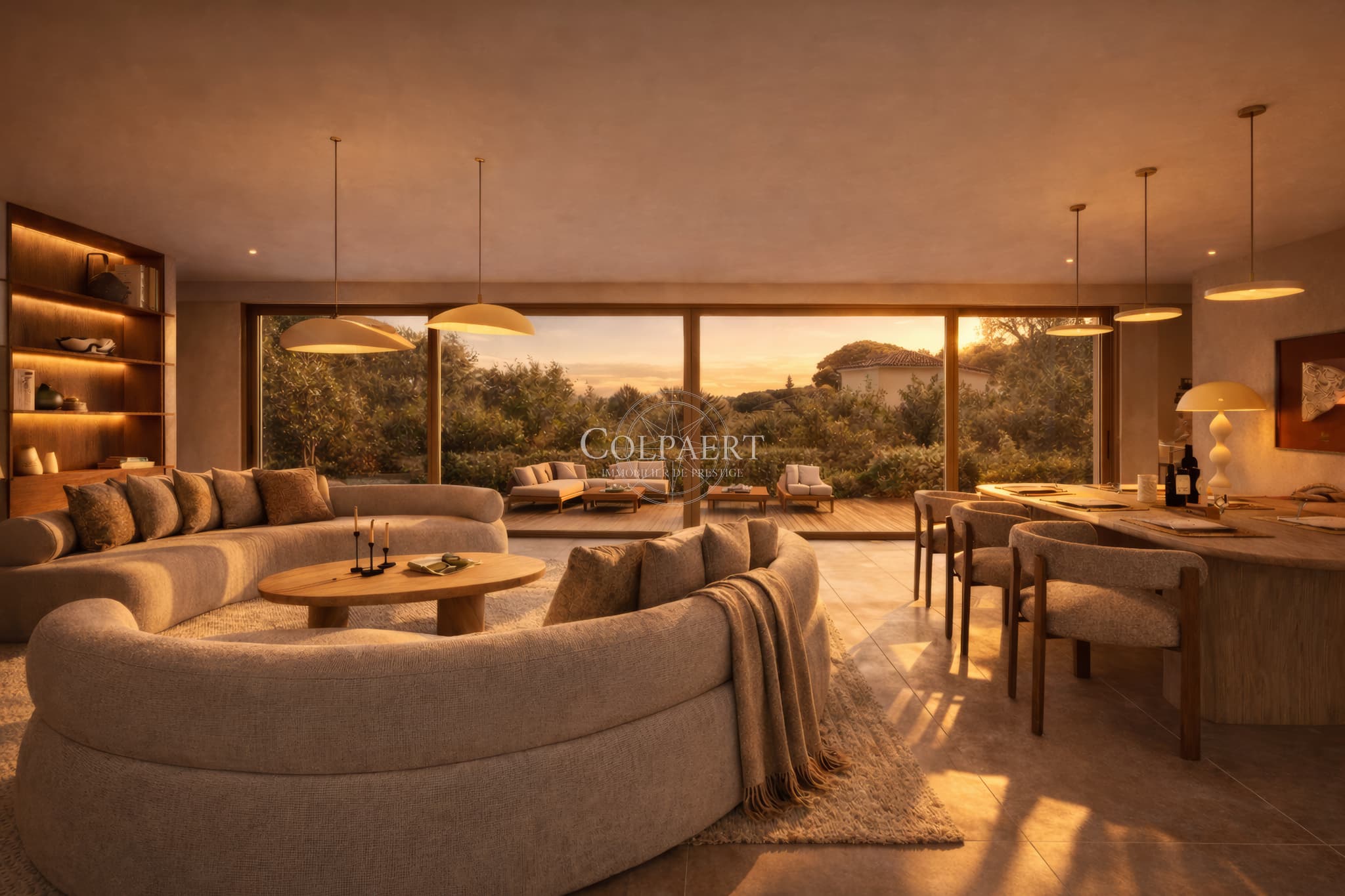 Vue nocturne d’un appartement de luxe à Saint-Tropez dans la résidence Patio Ruben, révélant une atmosphère élégante et un cadre unique.