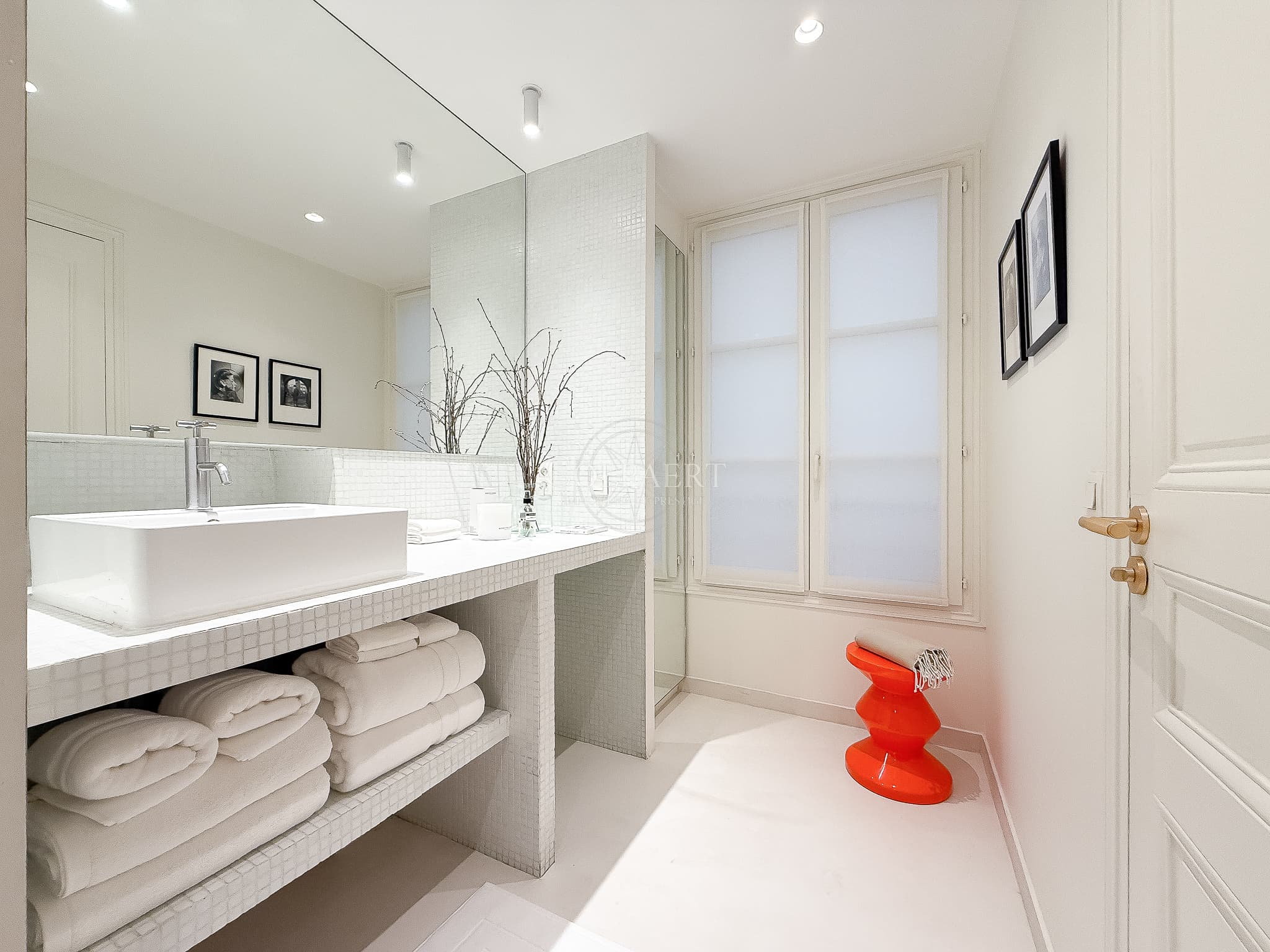 Salle de douche contemporaine et élégante dans un appartement à vendre à Paris 1er, combinant confort moderne et esprit parisien.