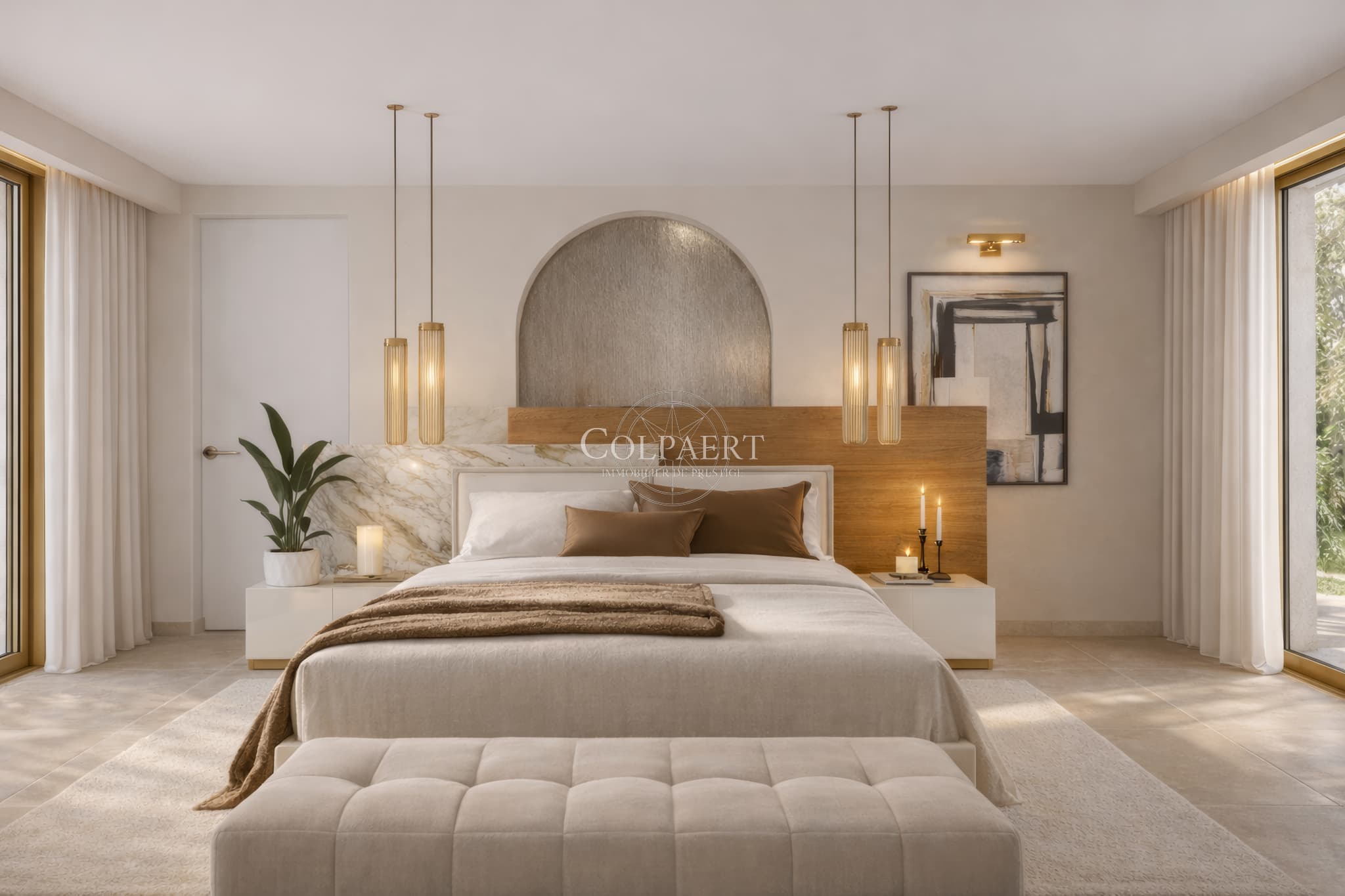 Chambres confortables avec accès extérieur dans un appartement de luxe à Saint-Tropez, offrant calme, lumière et finitions haut de gamme.