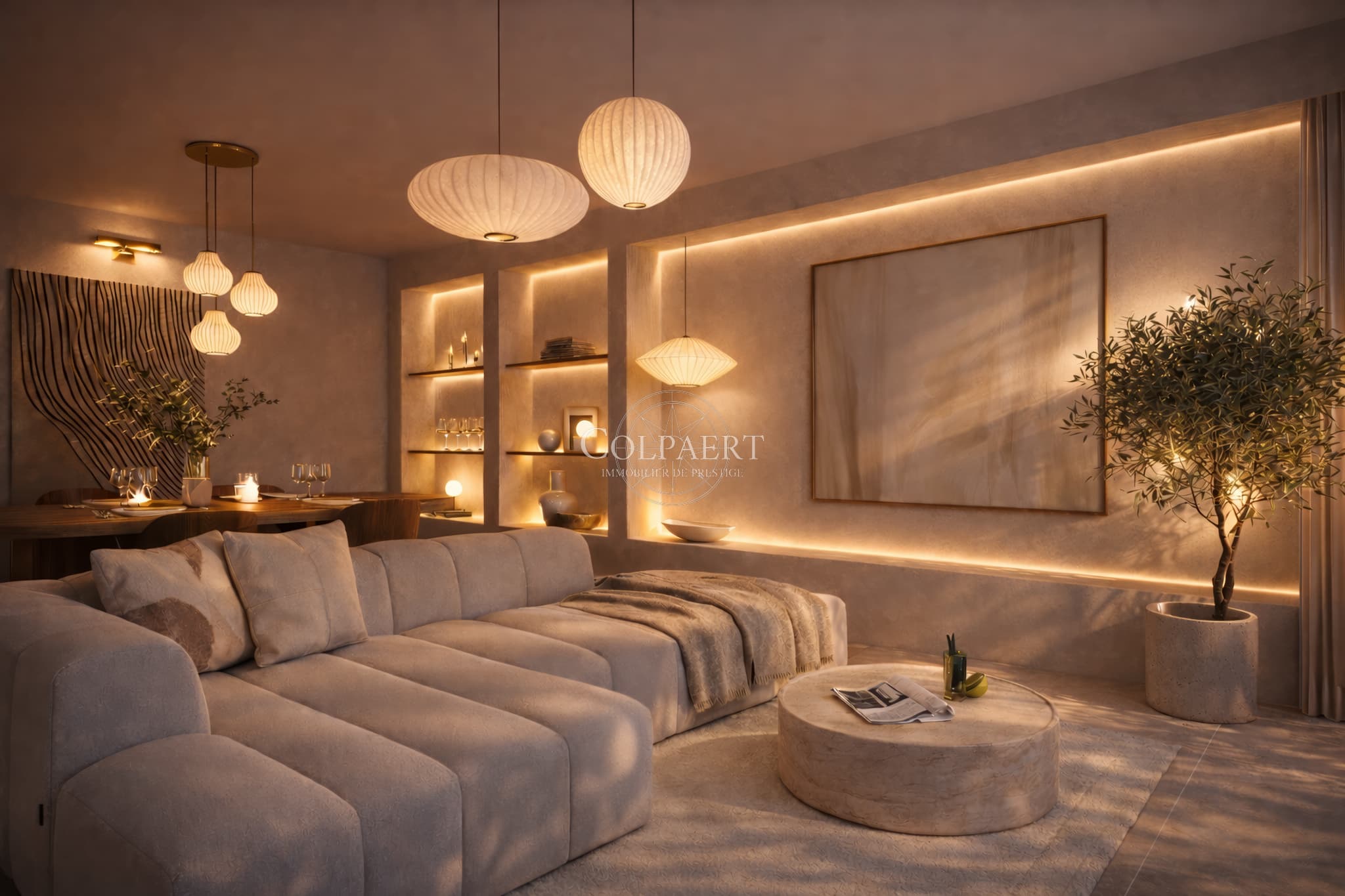 Vue nocturne d’un appartement de luxe à Saint-Tropez dans la résidence Patio Ruben, révélant une atmosphère élégante et un cadre unique.