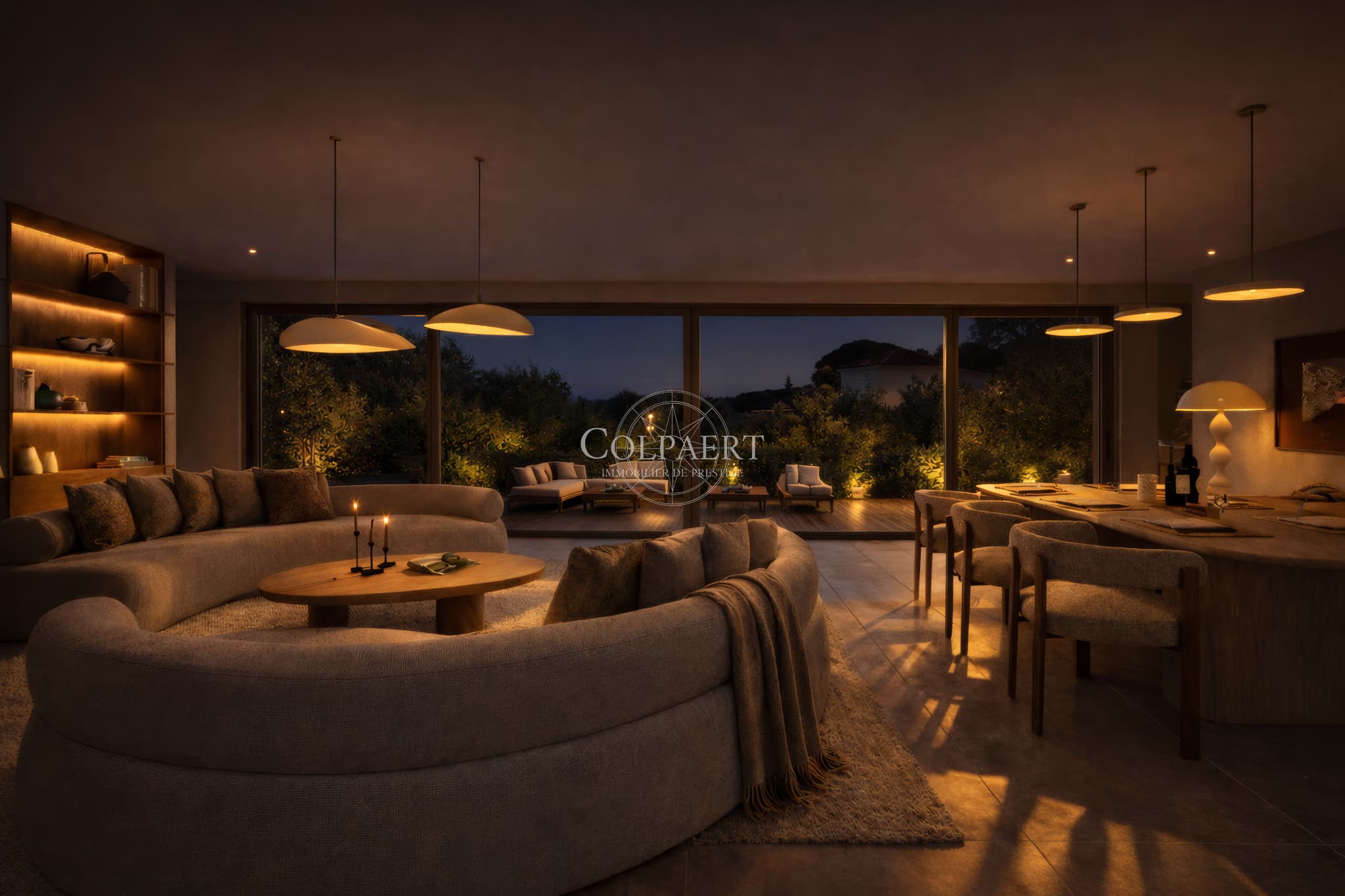 Vue nocturne d’un appartement de luxe à Saint-Tropez dans la résidence Patio Ruben, révélant une atmosphère élégante et un cadre unique.