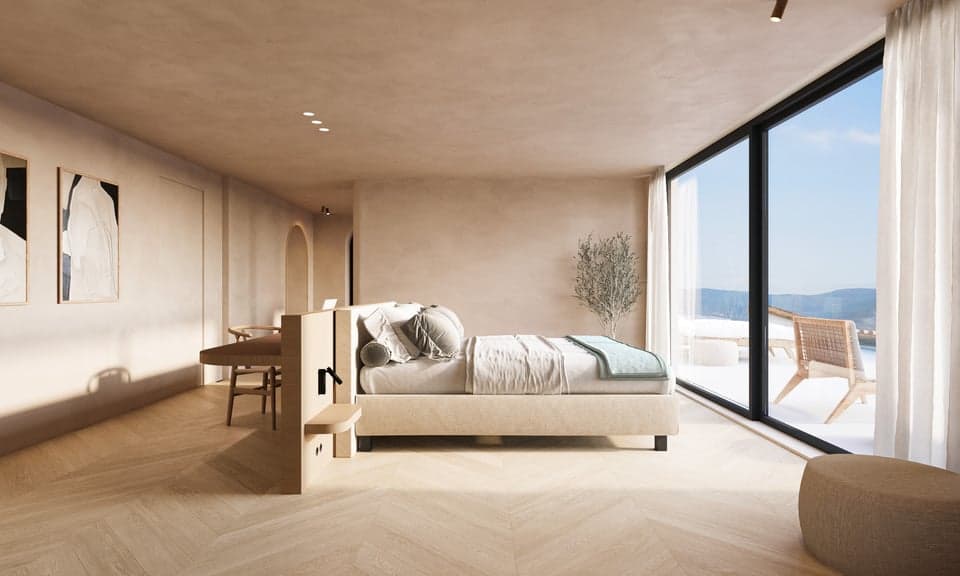 Chambre principale avec salle de bains luxueuse et dressing. Élégance et confort dans une villa vue mer à Sainte-Maxime.