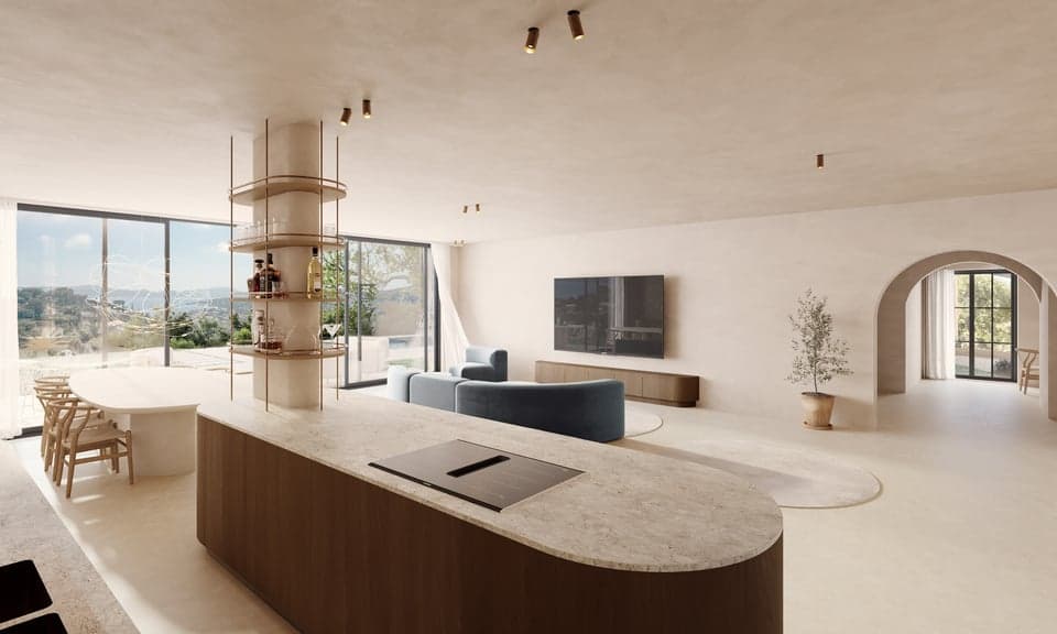 Séjour raffiné avec cuisine ouverte et salle à manger. Villa de luxe à vendre à Sainte-Maxime avec vue mer et finitions haut de gamme.