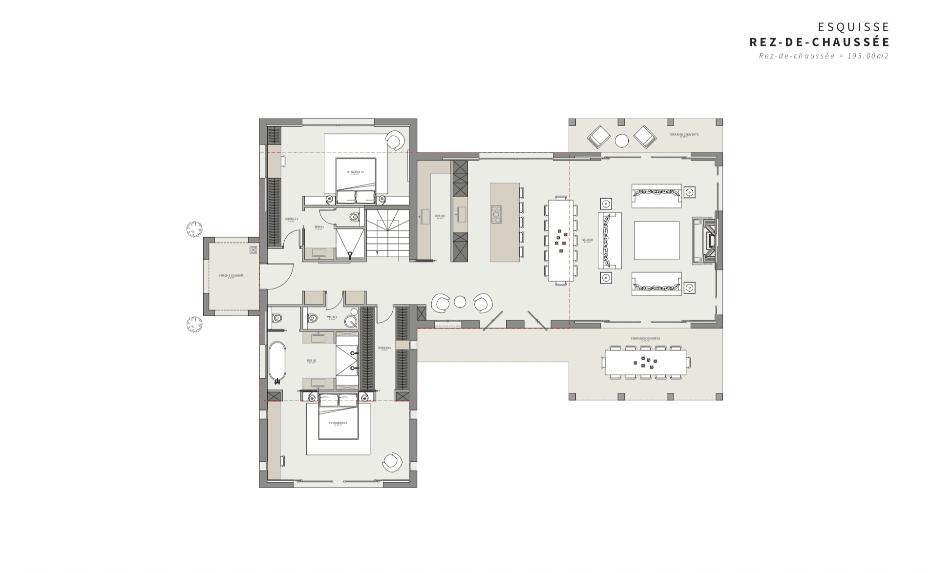 Vue en plan du rez-de-chaussée de la villa à vendre à Saint-Tropez, projet de nouvelle construction, proche Place des Lices.
