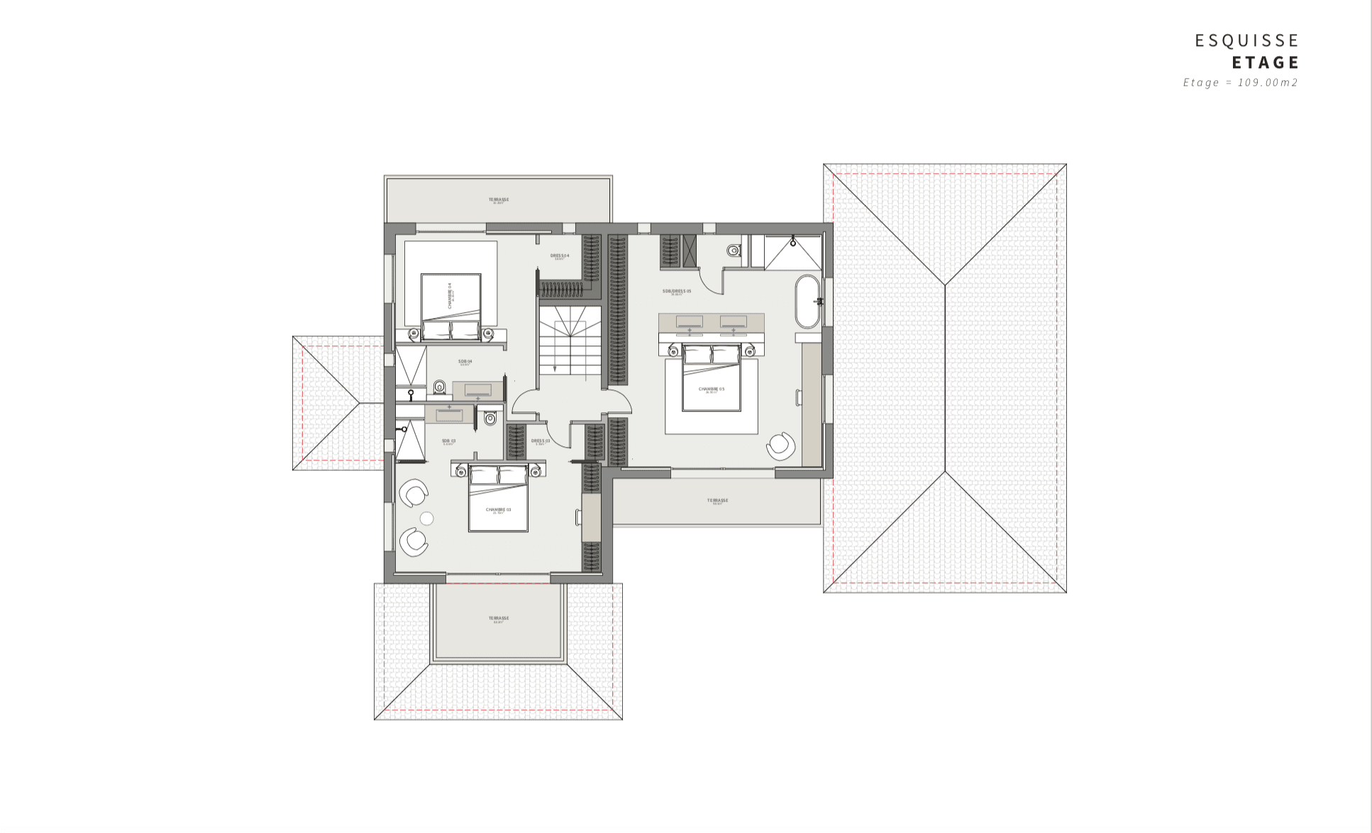 Vue en plan du 1er étage de la villa à vendre à Saint-Tropez, projet de nouvelle construction, proche Place des Lices.