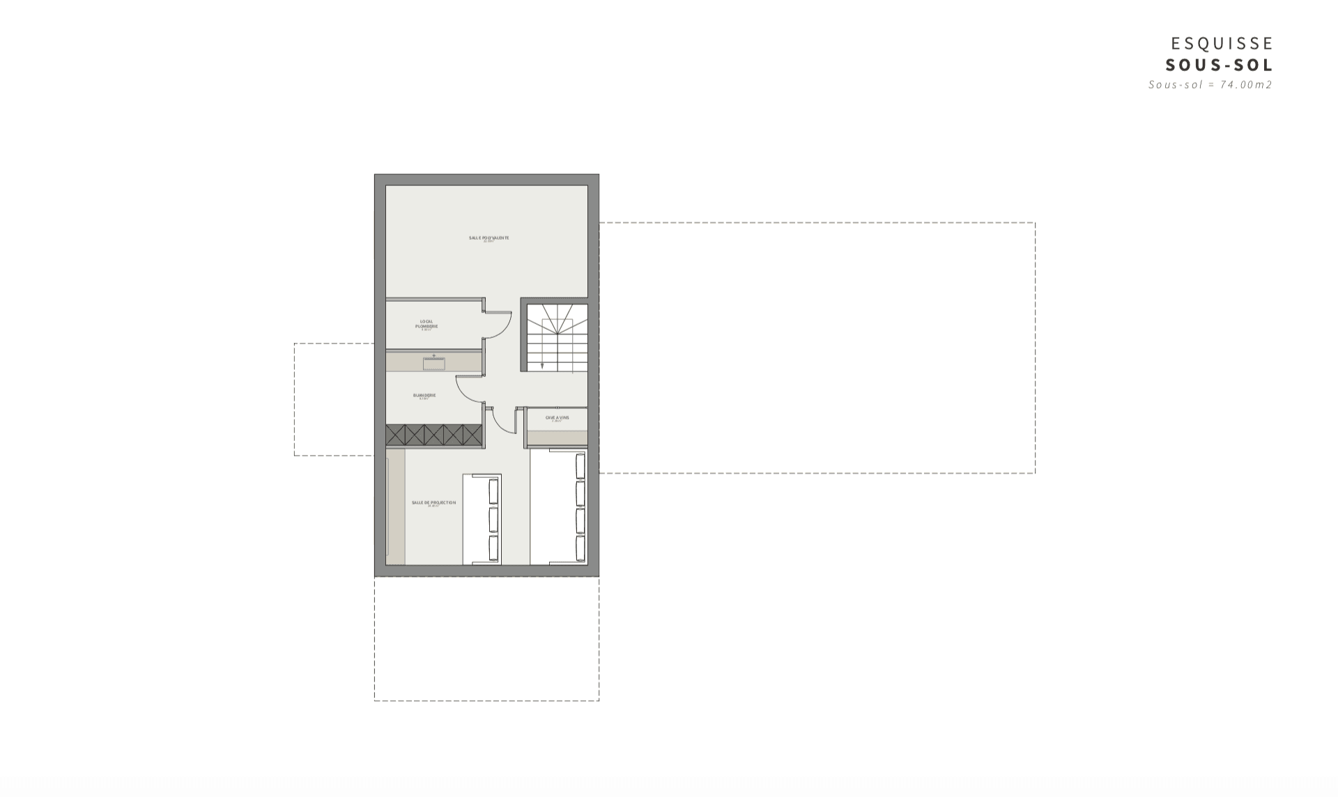 Vue en plan du sous-sol de la villa à vendre à Saint-Tropez, projet de nouvelle construction, proche Place des Lices.