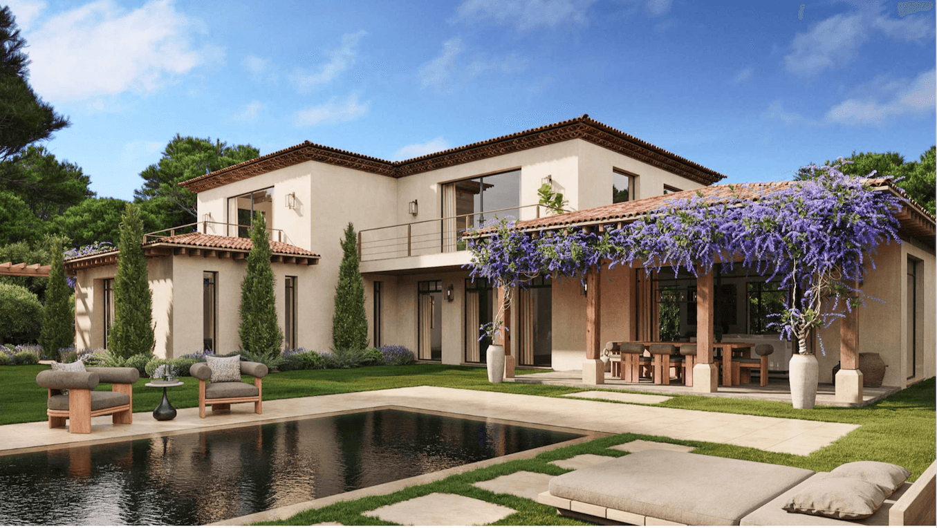 Image 3D d’une villa à vendre à Saint-Tropez, projet d’agrandissement, à quelques pas de la Place des Lices, vue moderne et lumineuse.