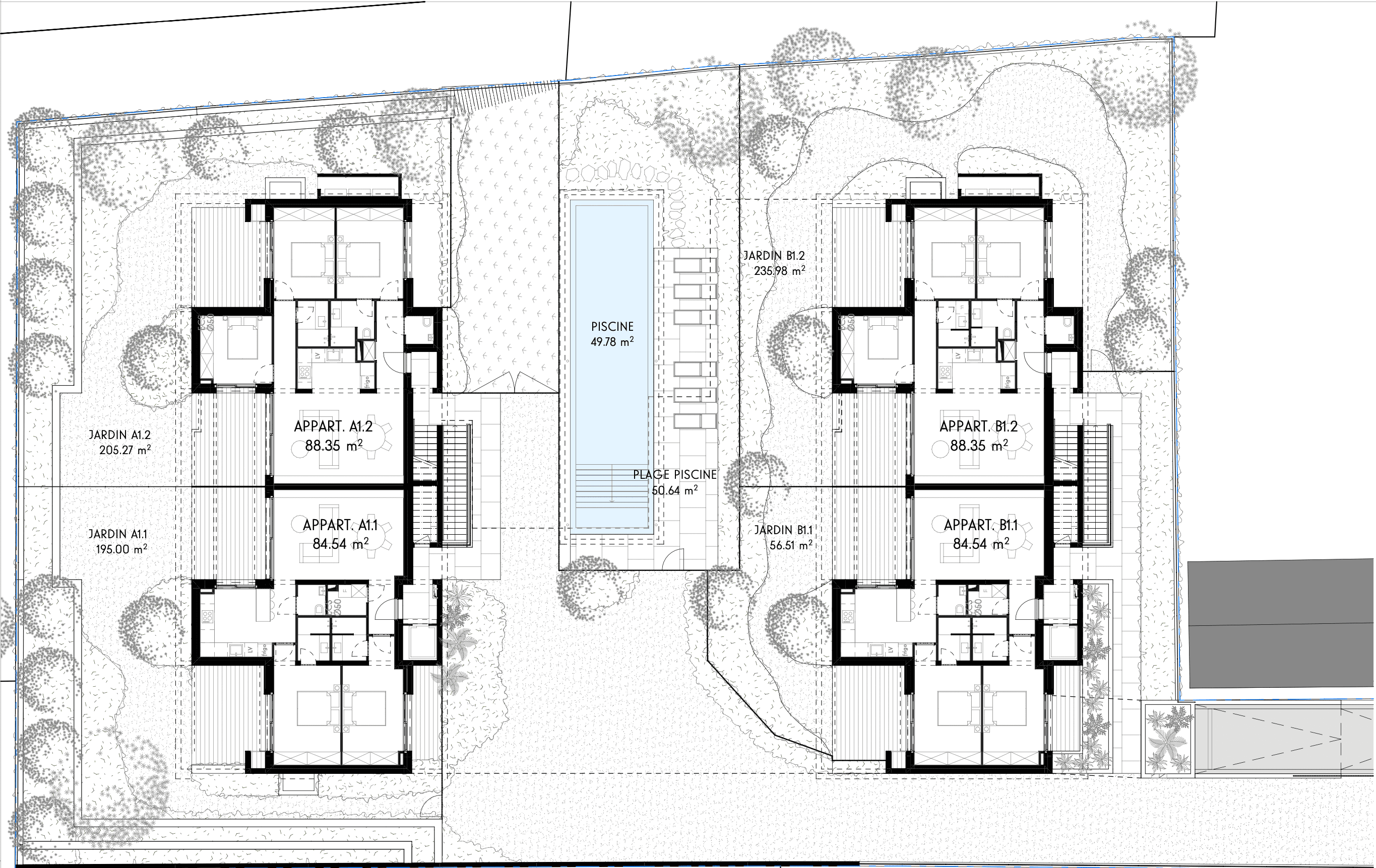 Plan détaillé d’un appartement du projet neuf Patio Ruben à Saint-Tropez, montrant la disposition des pièces et les surfaces.
