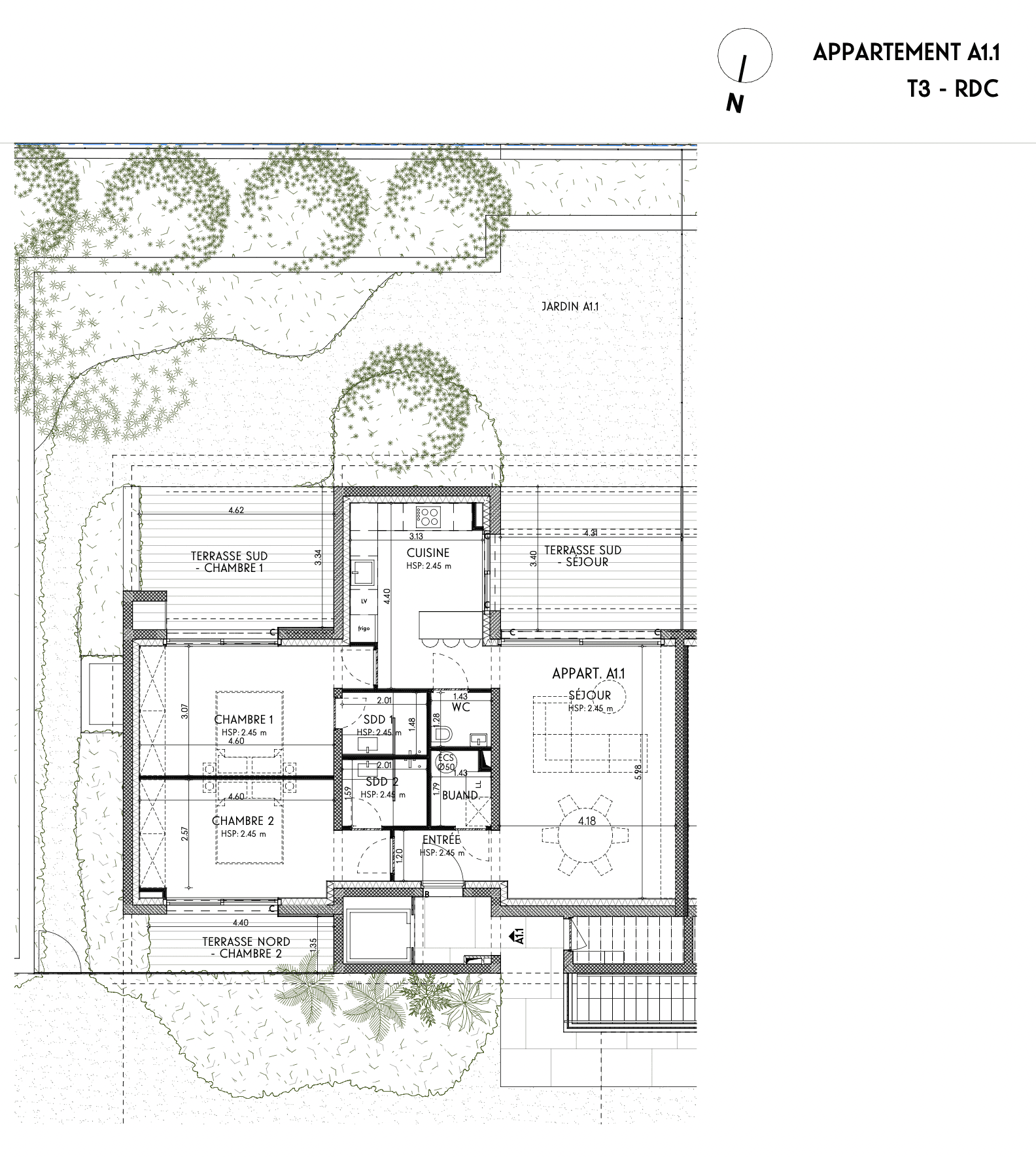 Plan détaillé d’un appartement du projet neuf Patio Ruben à Saint-Tropez, montrant la disposition des pièces et les surfaces.