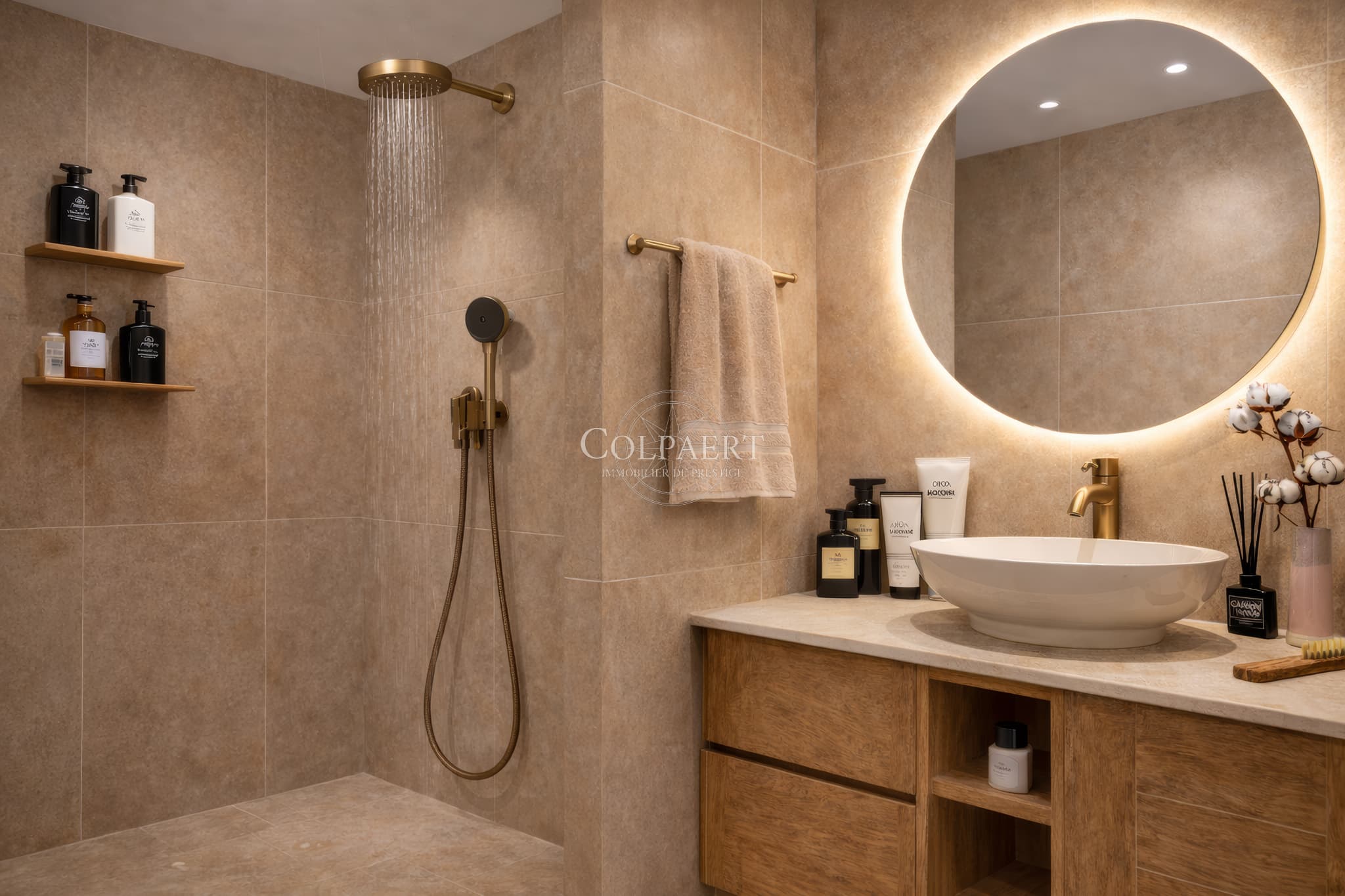 Salle de bain élégante avec matériaux nobles dans un appartement de luxe à Saint-Tropez, alliant confort, design et raffinement.