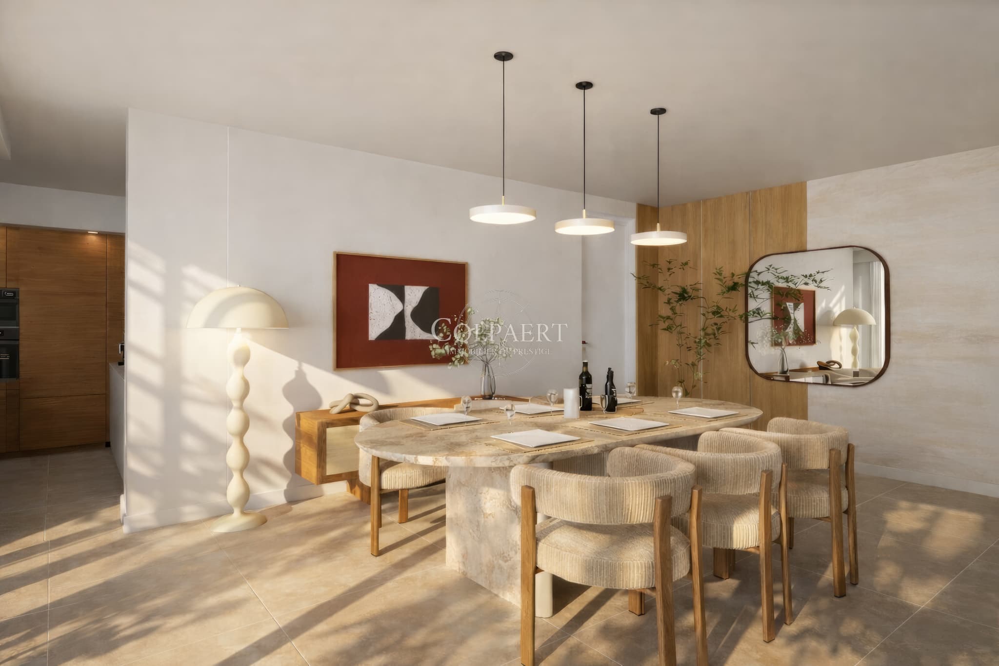 Salle à manger conviviale et élégante dans un appartement de luxe à Saint-Tropez, idéale pour profiter d’un cadre raffiné au Patio Ruben.