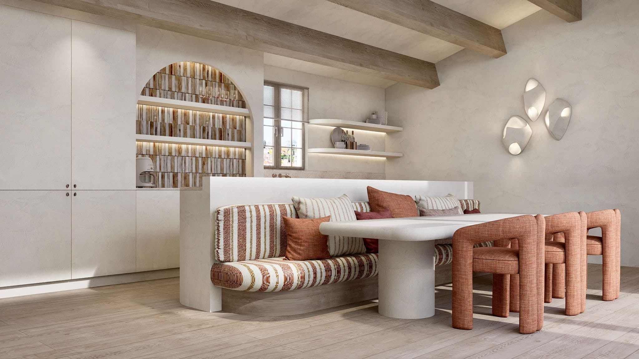 Salle à manger et cuisine dans maison à vendre Port-Grimaud avec grands amarrages | Image 3D par Siento Interior