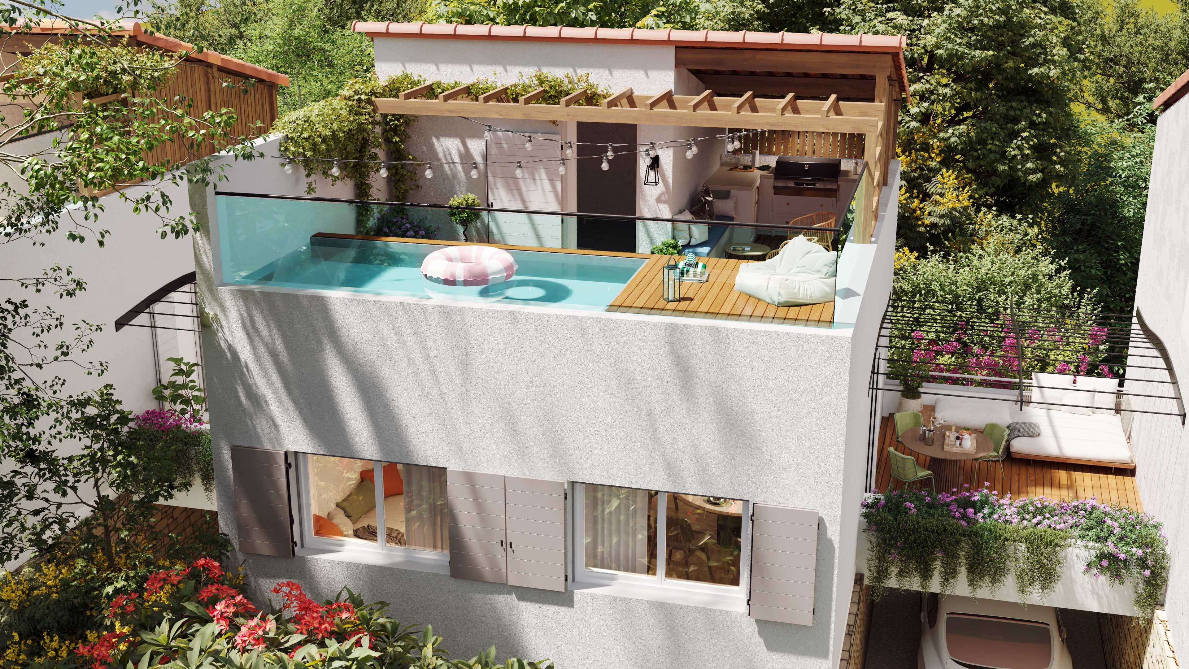 Penthouse sur toit-terrasse avec jacuzzi-piscine et cuisine extérieure dans un projet neuf à Cavalaire-sur-Mer, pour un style de vie méditerranéen exclusif.
