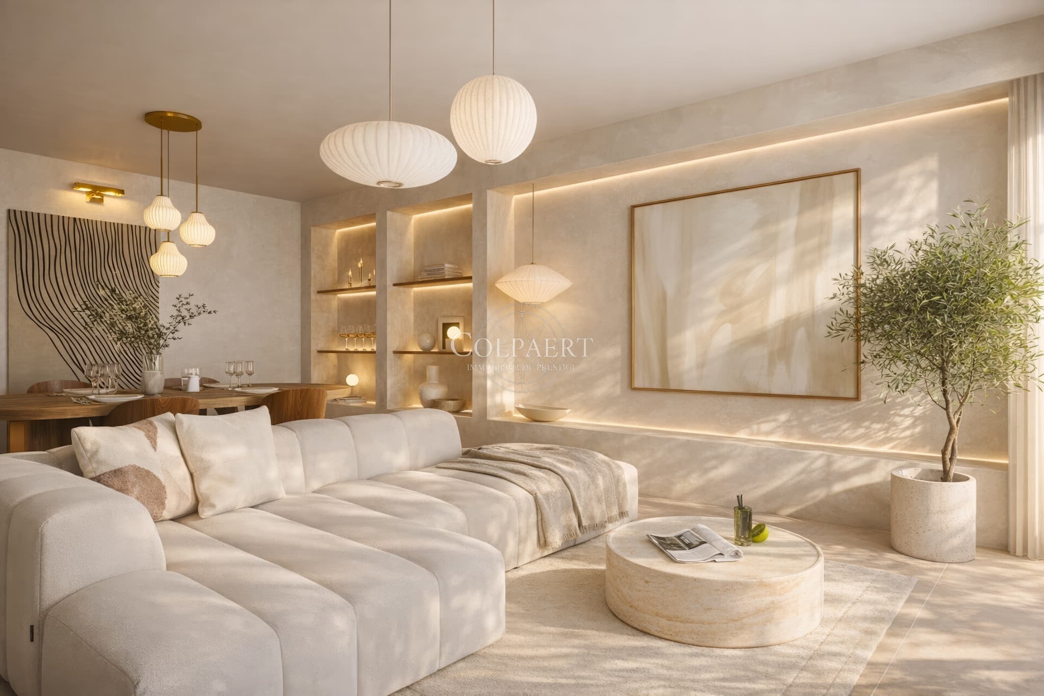 Séjour spacieux et lumineux avec accès terrasse dans un appartement de luxe à Saint-Tropez, au sein du projet exclusif Patio Ruben.