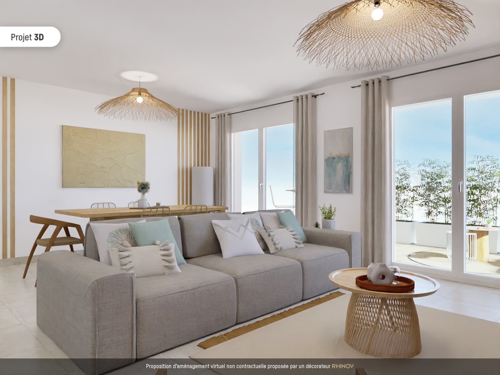 Intérieurs spacieux et lumineux avec cuisine équipée et séjour ouvert sur terrasse et jardin privé, dans un projet neuf à Cavalaire-sur-Mer.